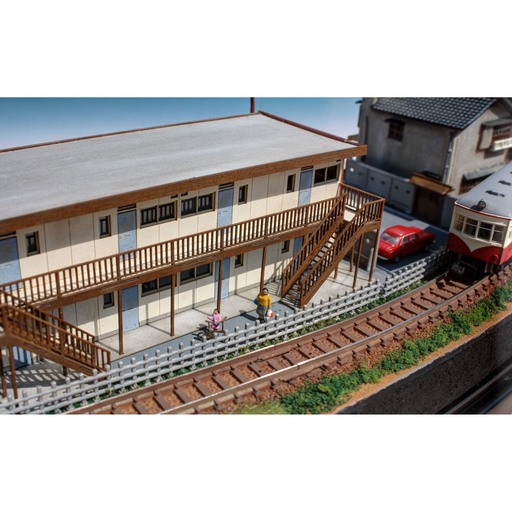 Nゲージ 「線路沿いのアパートと踏切」 ジオラマ完成品 模型 ジオコレ