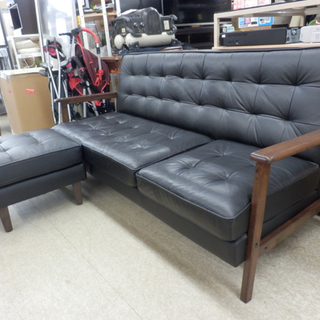 PayPay対応 3人掛けソファ オットマン付き カウチにも 合皮 黒 木製