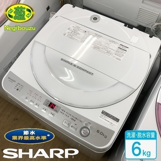 美品【 SHARP 】シャープ 洗濯6.0㎏ 全自動洗濯機 穴なし槽だから節水 黒カビブロック 風乾燥 ES-GE6B