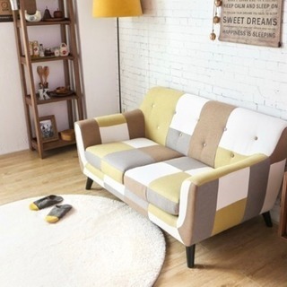 取引中2人掛けソファー ファブリック パッチワーク、ナチュラル、おしゃれ