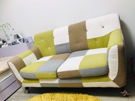 取引中2人掛けソファー ファブリック パッチワーク、ナチュラル、おしゃれ