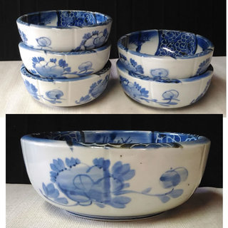 古伊万里 鉢 ① 5客 麺鉢 丼鉢 多様鉢 饂飩鉢 染付