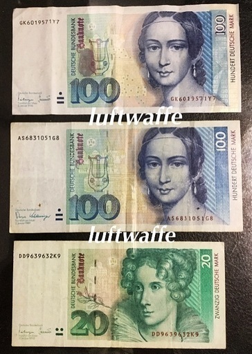 ドイツ マルク紙幣 100マルク札2枚 20マルク札1枚 10マルク札2枚 中古流通品
