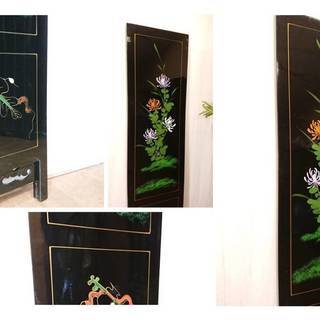 Ｚ25　極美品 豪華絢爛 硝子4枚屏風 漆黒 石細工