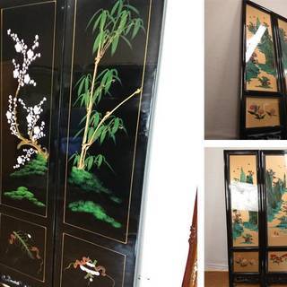 Ｚ25　極美品 豪華絢爛 硝子4枚屏風 漆黒 石細工