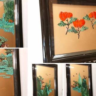 Ｚ25　極美品 豪華絢爛 硝子4枚屏風 漆黒 石細工