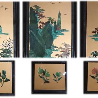 Ｚ25　極美品 豪華絢爛 硝子4枚屏風 漆黒 石細工