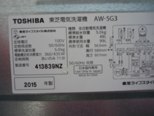 簡易乾燥機能付き 洗濯機 5.0kg ステンレス槽 2016年製 (0220257410-S)