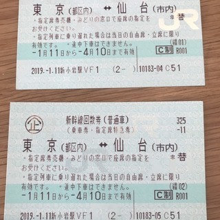 東京↔仙台　新幹線回数券２枚