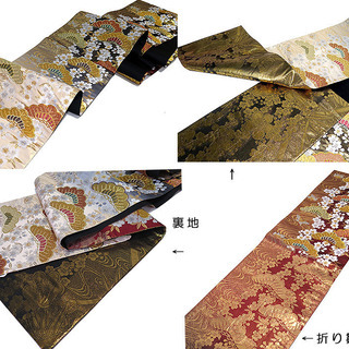 中古美品 振袖用 六通柄 袋帯 笠松桜花文様／金地 （b3230270-1732trymj）