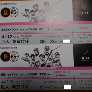 格安  4月12日 野球チケット  2枚連番　東京ドーム 巨人 ...