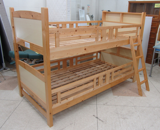 木製二段ベッド シングルサイズ 棚 はしご付 すのこ ライトブラウン系 宮の沢店