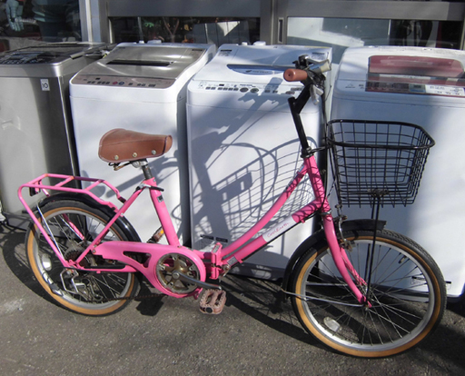 札幌 ２０インチ 折り畳み自転車 ピンク 6段変速 荷台付き かご付き