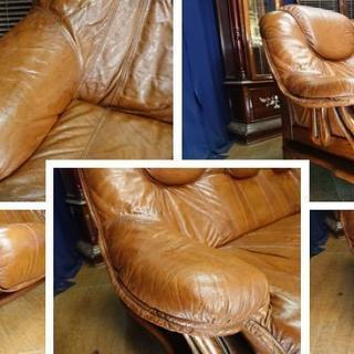 D7 ベルギー製 本革（一部合皮）木枠 トリプルソファ】