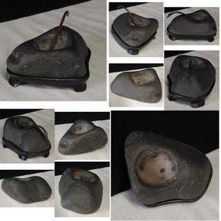 水滴 石 置物 木製台付き 銅さじ付き 書道具 a684