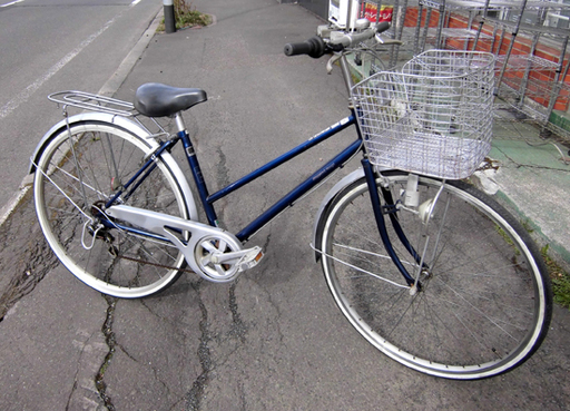 札幌 自転車 27インチ 6段変速 ママチャリ シティサイクル 紺色 荷台付き バーハンドル