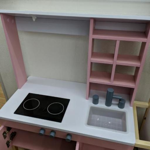 展示品★クッキングトイキッチン収納木製　ピンク