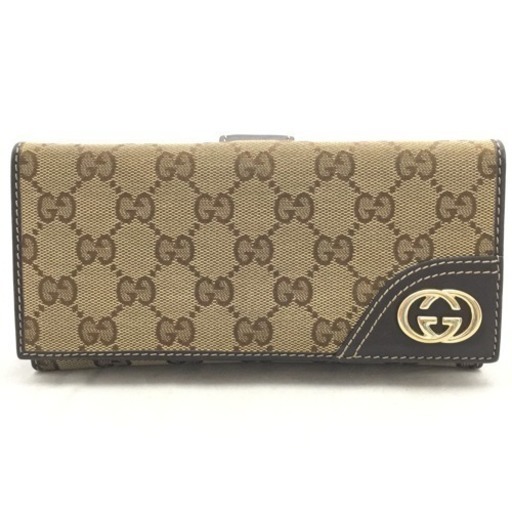 GUCCI グッチ GGキャンバス×チョコレートブラウン レザー 長財布