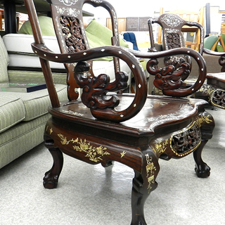 螺鈿細工 唐木家具 梨園 大理石アンティークテーブルセット 螺鈿細工