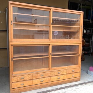 古い 木製 大きな モールガラス 戸棚 食器棚 YG23axx