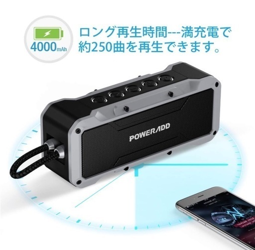 【新品・未使用】ブルートゥーススピーカー Poweradd ワイヤレス Bluetoothスピーカー 合計36W 強化された重低音 臨場感がすごい IPX7防水防塵規格 24時間連続再生 アウトドアに最適 （グレー）