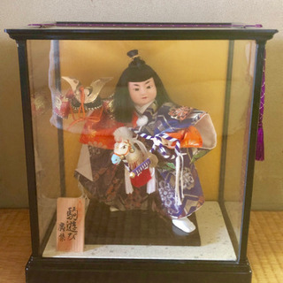 【美品】高級日本人形、廣紫作「駒遊び」、ガラスケース有、保管用箱有
