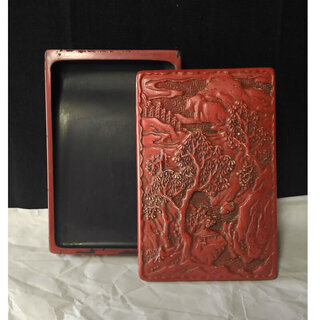 c054 硯 硯箱 堆朱 書道具 彫刻 中国古玩 唐物 蓋は木製