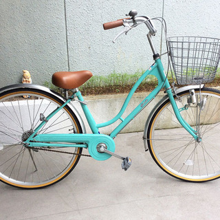 自転車 26インチ ママチャリ カゴ付き ミント系色 美品