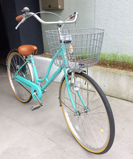 自転車 26インチ ママチャリ カゴ付き ミント系色 美品
