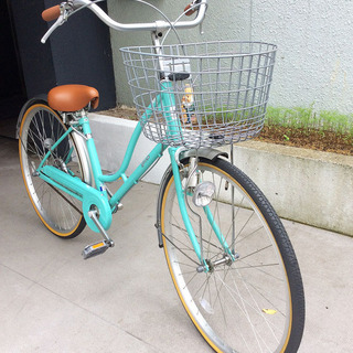 自転車 26インチ ママチャリ カゴ付き ミント系色 美品