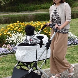 【新品】2way 多頭用 3輪 ペットカート　コットンキャンバス　キルティング（ホワイト）ペットバギー