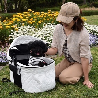【新品】2way 多頭用 3輪 ペットカート　コットンキャンバス　キルティング（ホワイト）ペットバギー