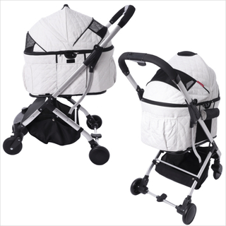 【新品】2way 多頭用 4輪 ペットカート　コットンキャンバス　キルティング（ホワイト）ペットバギー