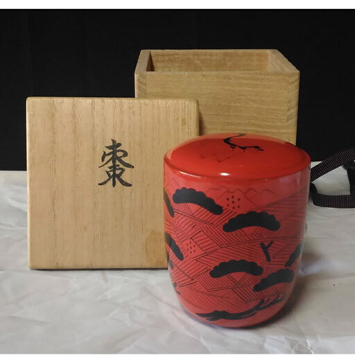 c044 なつめ 棗 木製 漆塗 松 鶴 茶道具 木箱入り
