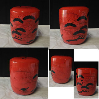 c044 なつめ 棗 木製 漆塗 松 鶴 茶道具 木箱入り