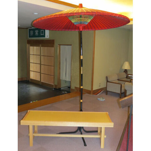 中古　野点傘　野点傘用立台　床几　傘　直径200cm　高さ240cm　野点セット 茶道具　3人掛け　長椅子 幅151　奥行49　高さ47　（ｃｍ） 折りたたみ式 　　大きい和傘　和風　長いイス