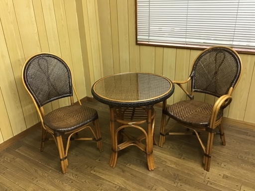 Kazama 籐家具 ダイニングテーブル / 椅子 3点セット  ラタン コーヒーテーブル