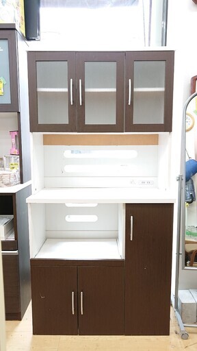 オシャレなツートン レンジボード 食器棚　ホワイト/ブラウン☆90×42×180☆配達可能