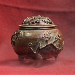 香炉 玉型 三友文 □須賀月芳作 蝋型青銅（ブロンズ）製 桐箱入【高岡