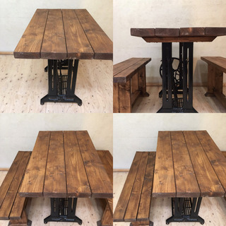 イギリス★Singer社リメイクミシンテーブル&ベンチイスSET 足踏み鋳鉄脚アンティークミシンテーブル＆ベンチイスSET