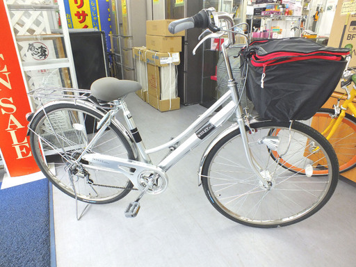 PayPay可 手稲リサイクル 27インチ  自転車 ママチャリ カゴ付き 6段変速　シルバー　 ￥17,800-