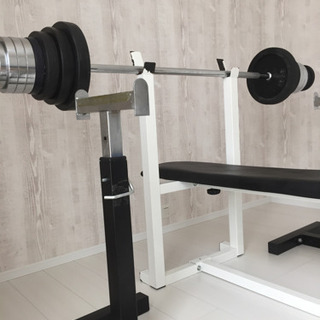 受付終了 ベンチプレスセット 85.5キロセット セーフティー付き 写真のもので全てになります