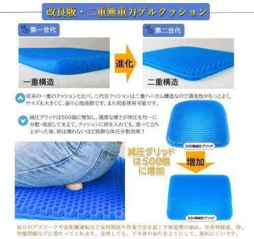 新品未使用 ゲルクッション 無重力クッション ジェルシートクッション 二重ハニカム構造 座布団 椅子 長距離運転 体圧分散 超通気 洗える へるへる 法善寺の生活雑貨の中古あげます 譲ります ジモティーで不用品の処分