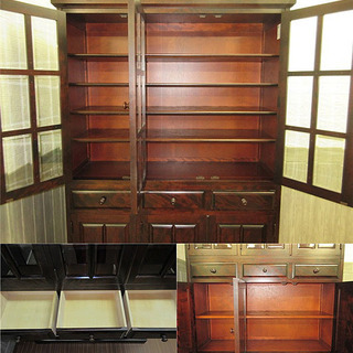 ss0108　北海道民芸家具　食器棚　ガラス扉　引き出し3杯　木製　民芸家具　キッチンキャビネット　ダークブラウン　天然木　クラレインテリア　大容量　キッチン収納　食品収納    