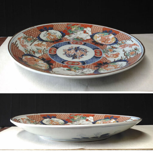 c188 古伊万里 色絵 大皿 江戸時代 葡萄・りす・鳳凰・獅子 亀甲紋