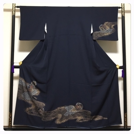 美品　紺紫　裄64　身丈153　漆箔　上質　正絹　訪問着　華模様　袷　中古品