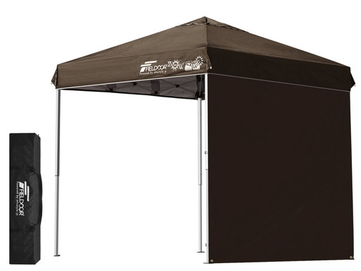 【タープ新品】FIELDOOR 組立て簡単!! 2.5ｘ2.5m ワンタッチタープテント ダークブラウン /サイドシート1枚付属 (高耐水加工＆シルバーコーティング/UVカットコーティング)アウトドア・キャンプに！