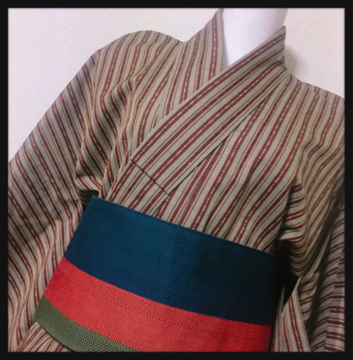 【未使用】正絹 着物 ストライプ アジアン エスニック レトロヴィンテージ工芸品