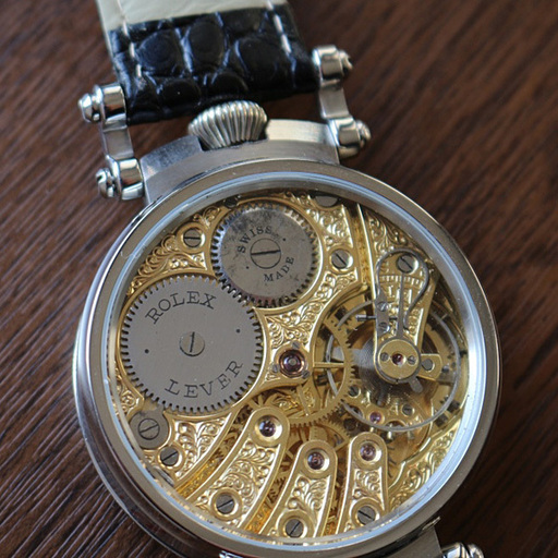 下取＆値引き交渉あり ロレックス懐中時計のムーブメント使用 カスタム腕時計 クリーム文字盤＆エングレービング 1920年代 アンティーク
