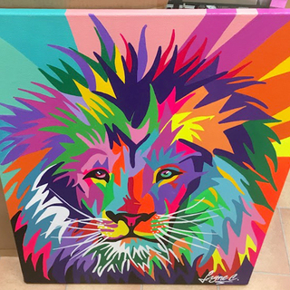 レイン・カラセド アクリル 絵画 本人肉筆 lion シャープなライオン 獅子 モダン カラフル グラフィック アフリカ 動物 猫科 15F